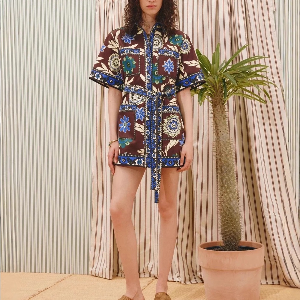 Zimmermann Floral Patchwork Belted Mini Dress - Brown & Blue